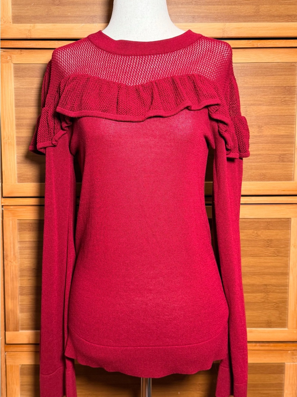 Lumiere Off-the-Shoulder Ruffle Knit Sweater in Red